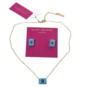 Kurt Geiger London Turquoise Eagle Head Necklace and Stud Earrings Set Gold Tone
